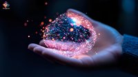 Magical glowing sphere with sparkles and light particles floating above open palm in dark background, creating mystical atmosphere and ethereal illumination effect.