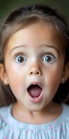 Young girl with surprised expression, wide brown eyes and open mouth showing genuine amazement. Close-up portrait against dark background captures pure childhood wonder.