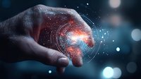 Male hand touching glowing digital circle with futuristic interface elements and light effects on dark background with bokeh lights, technology concept.