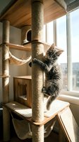 Tabby kitten climbing on wooden cat tree with sisal rope posts and fabric hammock near bright window, providing interactive play and exercise for indoor feline enrichment.