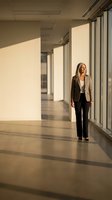Mature woman in business attire walking through modern office corridor with natural light from large windows, professional workplace environment for corporate and business concepts.