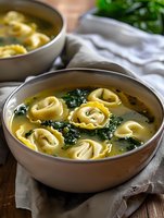 Homemade tortellini soup with spinach in ceramic bowls on wooden table. Traditional Italian pasta dish with herbs and broth for comfort food recipes.