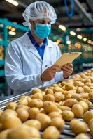 Quality control specialist in protective workwear inspecting fresh potatoes on industrial conveyor belt, checking production standards in food processing facility.