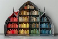 Gothic-style wooden bookshelf with books arranged in rainbow color spectrum from red to blue, creating an organized and artistic display.