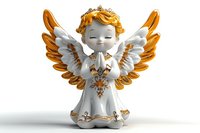 Cute praying angel figurine with golden wings and white robe, isolated on white background, ready for design use.