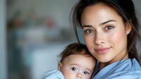 Young mother in blue medical scrubs holding baby close, showing tender smile and caring expression against blurred hospital background. Healthcare professional portrait.