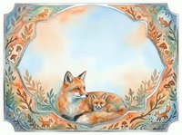 Watercolor fox family with cubs resting in decorative floral border frame with autumn leaves and woodland creatures for nursery decor and greeting cards.