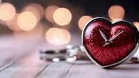Heart shaped clock with red glittery face on wooden surface against blurred warm bokeh background, romantic time concept for Valentine's day or anniversary celebration.