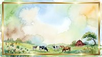 Pastoral farm landscape with grazing cattle, red barn, and wildflowers under cloudy sky. Watercolor style artwork suitable for agricultural, rural, and countryside design projects.