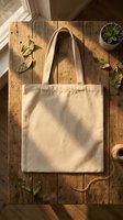 Blank canvas tote bag on rustic wooden surface with natural lighting and botanical elements for eco-friendly shopping and sustainable lifestyle branding.