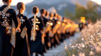 Japanese students in traditional hakama and kimono stand in graduation ceremony line at sunset, soft focus on decorative floral details and golden light creates nostalgic mood.