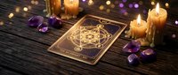 Mystical tarot cards with burning candles and purple crystals on wooden table creating atmospheric fortune telling scene for spiritual guidance.