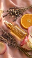 Natural skincare serum bottle with dried lavender, orange slice and rose petals on soft pink background for aromatherapy and wellness products.