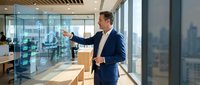 Professional businessman in navy suit presenting strategy in modern glass office with city skyline view during corporate meeting.