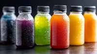 Fresh cold pressed juices in bottles with water drops on dark background, colorful healthy detox drinks lined up showing vibrant gradient colors.