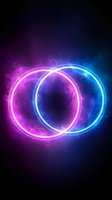 Glowing neon circles with pink and blue light effects on dark background, electric plasma rings with smoke and energy particles creating mystical atmosphere.
