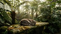 Coiled snake resting on moss-covered log in lush tropical rainforest with dense vegetation and dappled sunlight filtering through canopy foliage.