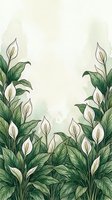 Watercolor peace lily botanical border with lush green leaves and white blooms on soft textured background, perfect for cards and prints.