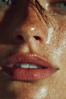 Close-up of young woman's face with water droplets on wet skin and glossy lips during shower or spa treatment for skincare and wellness concepts.