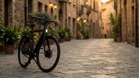 Bicycle parked on cobblestone street in historic town with warm evening light, potted plants, and traditional stone buildings, suitable for travel and lifestyle content.