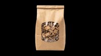 Kraft paper bag filled with wood smoking chips, isolated on transparent background, ready for BBQ, packaging, sticker, print on demand, and T-shirt design use.