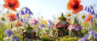 Miniature fairy houses nestled among vibrant wildflowers including poppies, bluebells and daisies in enchanted garden setting for fantasy storytelling.