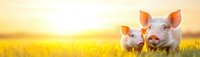Two adorable piglets standing in golden wheat field at sunset, close up portrait against warm sunlight and vibrant yellow background, farming concept.