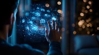 Young Asian man touching virtual holographic interface with glowing blue house icons floating in dark room with bokeh lights in background.