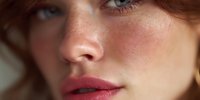 Young Caucasian woman with freckled skin and natural makeup showcasing beauty skincare routine with soft lighting for cosmetic advertising campaigns.