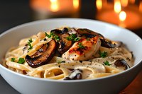 Creamy fettuccine pasta with grilled chicken breast, sauteed mushrooms and fresh parsley garnish in white ceramic bowl, romantic candlelit setting.