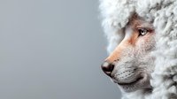 White wolf face in profile view against gray background, close-up portrait showing detailed fur texture and intense eye expression, artistic wildlife photography.
