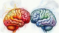 Two human brains in watercolor style showing warm and cool color gradients representing different cognitive functions and mental processes for medical education.