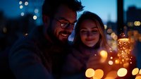 Young couple enjoying romantic evening outdoors with glowing sparklers and bokeh lights creating magical atmosphere against dark blue twilight background.