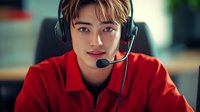 Young Asian male customer service representative wearing red blazer and headset microphone looking directly at camera in office environment.