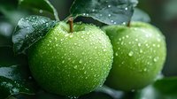 Fresh green apples covered in morning dew drops against dark background with leaves, macro photography showing natural texture and freshness.