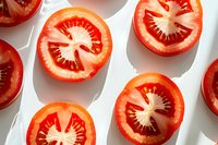 Fresh red tomato slices arranged on white background with natural shadows, showing vibrant cross-sections with seeds and internal structure. Food photography.