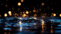 Glowing golden bokeh lights floating over rippling dark water surface with blue reflections creating magical atmospheric night scene with sparkles and splashes.