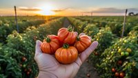 Fresh ripe tomatoes in farmer hand at sunset in agricultural field. Organic farming harvest concept for healthy food production and sustainable agriculture.