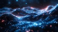 Glowing abstract waves of blue light with sparkles and bokeh effects against dark background create magical cosmic atmosphere. Suitable for tech backgrounds.