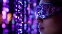 Young Asian woman wearing futuristic digital glasses with purple data reflection, side view portrait against glowing cyberpunk background with bokeh lights.