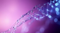 Glowing DNA strand structure on purple and blue gradient background with bokeh effect, molecular biology concept for science and medical research presentations.