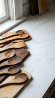 Handcrafted wooden cutting boards with spoons arranged on marble countertop in modern kitchen interior for culinary preparation and food styling.