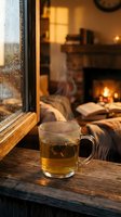 Steaming hot tea cup on wooden windowsill with raindrops, cozy fireplace and reading nook in background creating warm autumn atmosphere for relaxation.