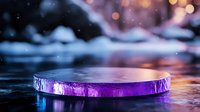 Glowing purple crystal platform floating on water with magical bokeh lights and cosmic atmosphere for product display and fantasy design projects.