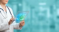 Female doctor using futuristic transparent tablet with holographic medical interface in modern hospital setting for digital healthcare technology.