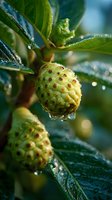 Young noni fruit growing on plant with water droplets on green leaves, macro photography showing textured surface of tropical medicinal plant.