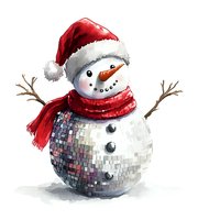 Festive snowman with disco ball body wearing Santa hat and red scarf, watercolor style artwork on white background, winter holiday party concept.