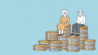 Senior couple sitting on stacks of coins representing retirement savings and financial planning for elderly people on light blue background.