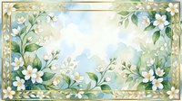 Watercolor floral frame with white flowers and green leaves on soft blue background. Decorative border design for invitations, cards, scrapbooking projects.