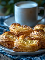 Golden flaky puff pastry palmiers arranged on white plate with coffee cup, French bakery breakfast treats for morning dining and cafe menu concepts.
